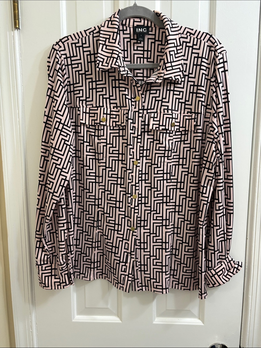 INC International Concepts Pink & Black Geometric Button-Front Shirt